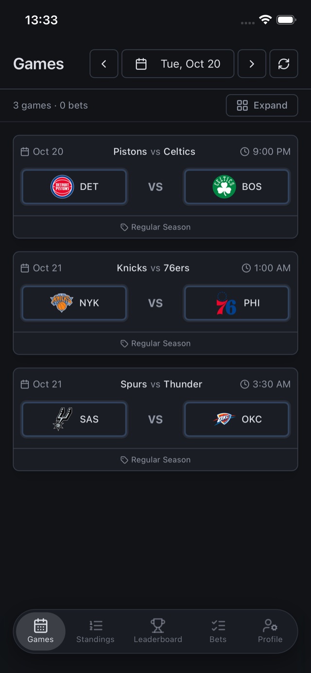 CourtPredict — Games screen with picks