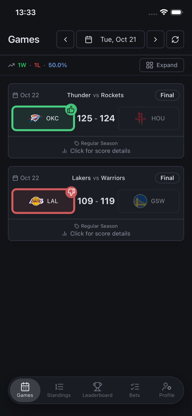 CourtPredict — Games screen
